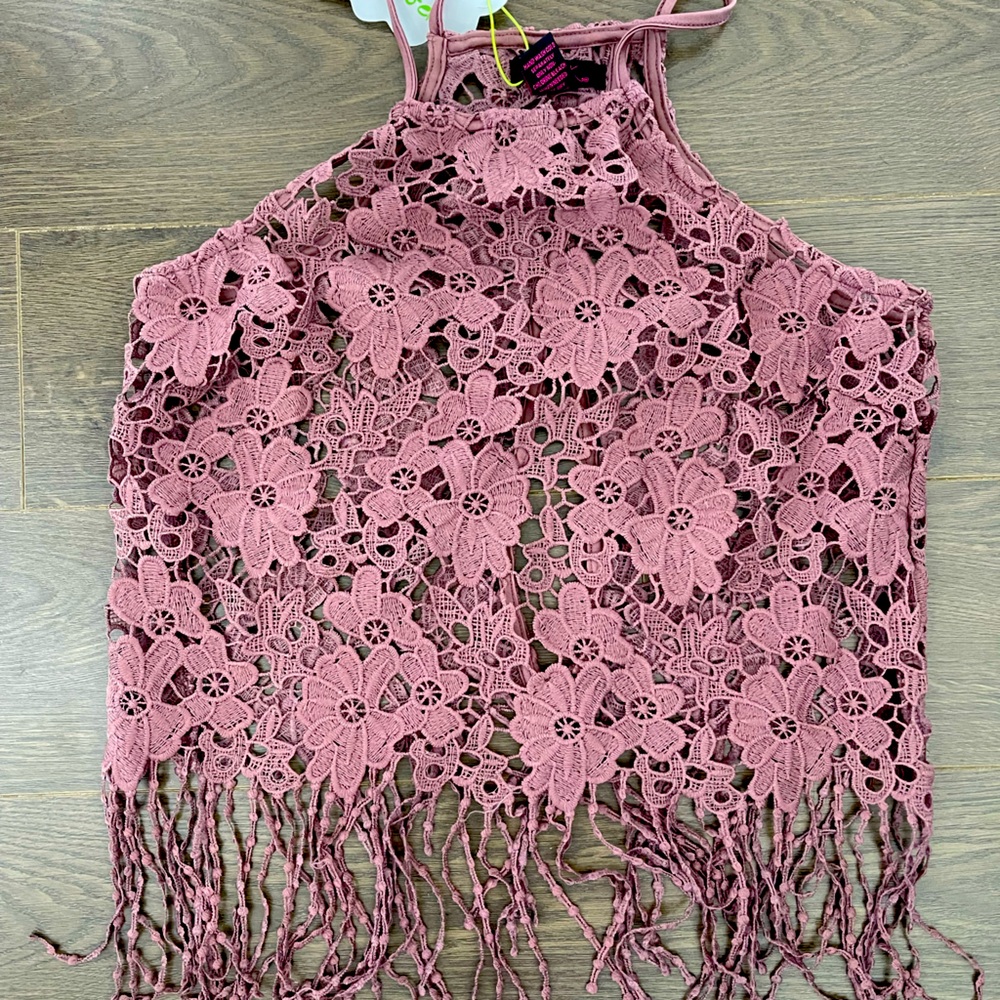 It’s Pink Mauve Crochet Split Back Fringe Tank